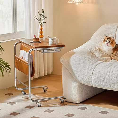 DGDHHSFJDJ C Shaped End Table, Small Side Table with Storage and Lockable Wheels, for Couch, Sofa and Bed, Living Room, Bedroom