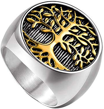 HIJONES Herren Jahrestag Religiös Jahrgang Klassisch Baum des Lebens Ringe aus Rostfreier Stahl Silber Gold Größe 74
