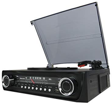 Roadstar TTR-9645EBT - Tocadiscos con Radio FM, Bluetooth, USB (3.0), Entrada Auxiliar y Salida de línea RCA, Color Negro