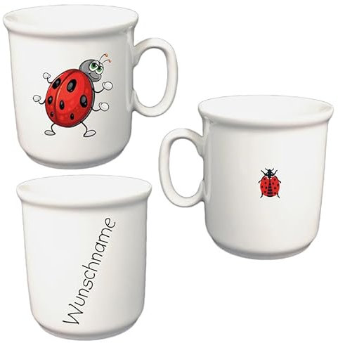 Kindertasse mit Namen Personalisierte Tasse aus Porzellan für Kinder Kakaobecher Tiermotive personalisierbar mit Wunschname Name Kindergeschirr mit Namen personalisiert (Marienkäfer)
