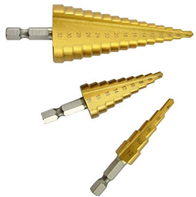 Corintian Broca escalonada HSS con revestimiento TiN, para metal, madera y plástico, broca cónica con escala láser, una broca para muchos diámetros – 4 – 20 mm de diámetro, 9 niveles