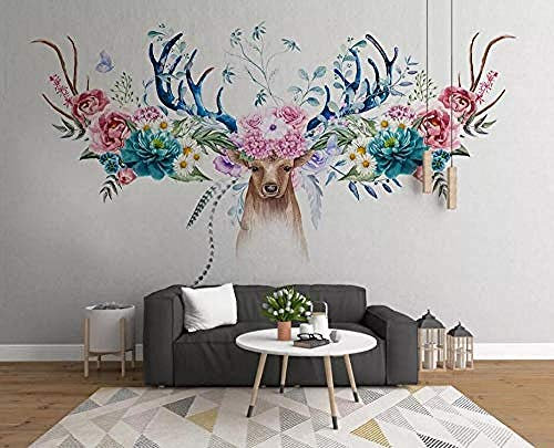ZZXIAO Flower American Deer Head Floral Silk Cloth Wallpaper Murals Wall Painting Tv Background Wall Decora Non-Woven Silk 3D Wallpaper Paste Living Room The Wall for Bedroom Mural border-250cm×170cm