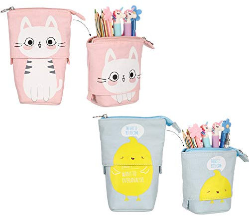 2pcs Telescopic Pencil Pouch Standing Pen Holder,Cosmetic Durable Canvas Stationery Makeup Bag for Boys Girls Students and Office Supplies