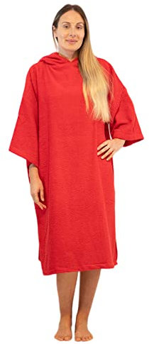 ALLEN & MATE 100% BAUMWOLLE Unisex-Surfponcho mit Kapuze für Erwachsene – Übergroßer schnelltrocknender saugfähiger Wickelmantel für Strand und Schwimmen (L-XL, Rot)