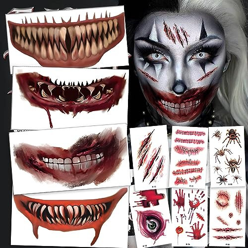 Halloween Decorations Temporäre Tattoos,10stk Gesichts Tattoo Totenkopf Skull zum Aufkleben + 30stk Scars Tattoos Aufkleber,Halloween Stickers Fake Tattoos für Halloweenkostüm Gruselparty