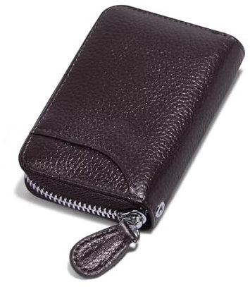 Womens Credit Card Holder Small RFID Blocking Ladies Wallet with Stainless Steel Zipper Excellent Genuine Leather Accordion Wallets Case for Women ID Compact Slim Blocked Zip Accordian Cards Coffee
