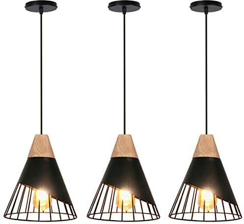 TOKIUS Pendelleuchte Modern Vintage Hängeleuchte Holz Lampenschirm aus Metall E27 Lampenfassung Hängelampe Ø25cm Kreative Deckenleuchte für Schlafzimmer Küche Esszimmer (3 Stücke, Schwarz)