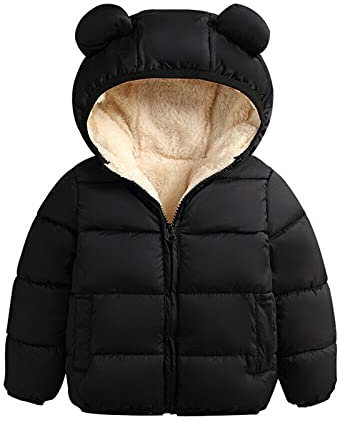 Loalirando Cappotto Bambino Unisex Invernale con Cerniera e Cappuccio in Tinta Unita, Giubbino Bimbo Carino Orecchie di Orso Giacca Imbottita Antivento Regalo (Nero, 12-18 Mesi)