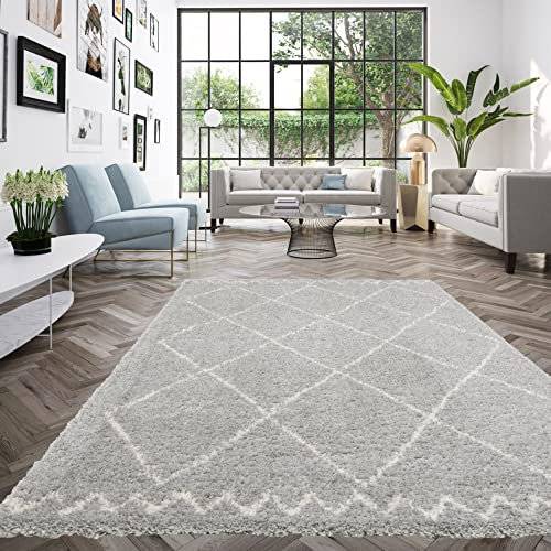 Berber Boho Teppich, Shaggy Teppich, Geometrisches Muster, Teppich 120x170 cm, Weich und bequem, Pflegeleicht, 100% hochwertiges Polypropylen, Hochflor 30 mm, 120 x 170 cm, Grau - Weiß