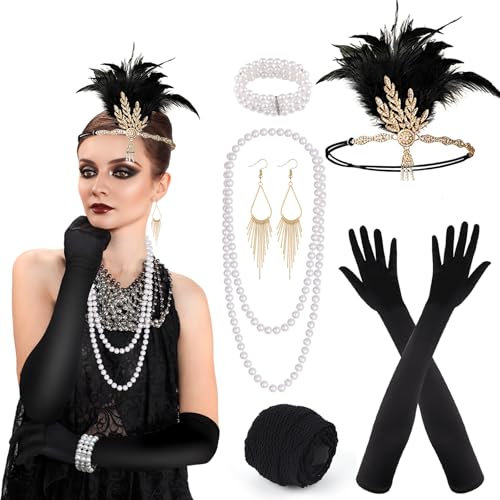 PLULON 8 teiliges 1920er Flapper Great Gatsby Accessoires-Set Fashion Roaring 20's Theme Set mit Stirnband, Kopfbedeckung, langen schwarzen Handschuhen, Halskette, Ohrringen für Frauen