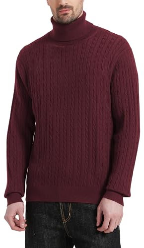 Kallspin Men's Wool Blended Turtle Neck Pullover Sweater Long Sleeve Cable Knit Jumper (Burgundy, 3XL)