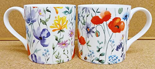 Wildflowers Meadow Mugs Set of 2 Large Balmoral 400 ml 14oz Bright Floral Cups Hand Decorated UK