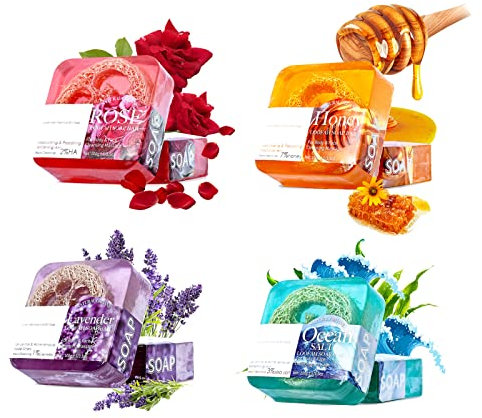 4 Stück Rosen Seife, Detox Rosen Seife Natürliche Handgemachte Seife für alle Hauttypen, Naturseife als Festes Duschgel und Festes Shampoo, 100% Natürliche Inhaltsstoffe