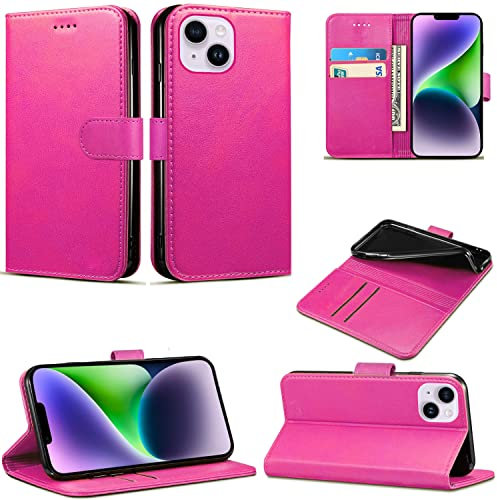 EKAM Case Compatible With iPhone 14 Leather Wallet Book Flip Folio Stand View Cover Magnetic Closure with Card Slots for iPhone 14 [6.1 Inch] (Pink)