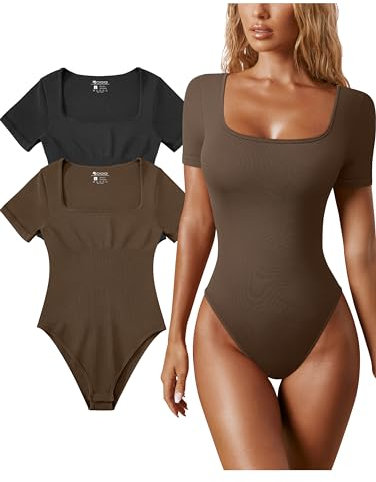 OQQ Women Bodysuits Square Neck 2 Piece Short-sleeve Tummy Control Seamless Fashion Bodysuits Black Coffee