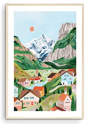Nationcog Schweiz-Kunstdruck, Bergwandkunst, Schweizer Alpen, Poster, Grindelwald-Druck, Lauterbrunnen, Reiseposter, Reisegeschenk, Einweihungsgeschenk (ungerahmt) (40,6 x 61 cm)