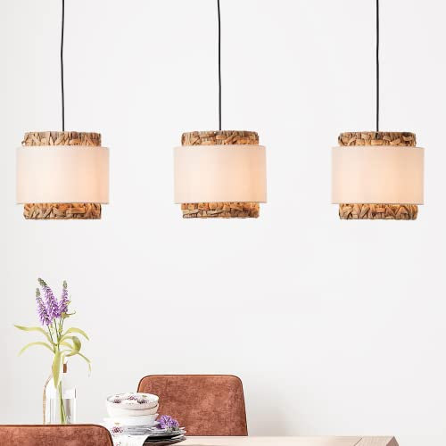 Lightbox kürzbare Nature Hängelampe - Pendelleuchte mit Wasserhyazinthe/Stoff Schirm - 3 x E27 max. 60 W - 120 cm Höhe & 110 cm Breite - aus Metall/Textil/Wasserhyazinthe in Schwarz/Naturfarben/Weiß