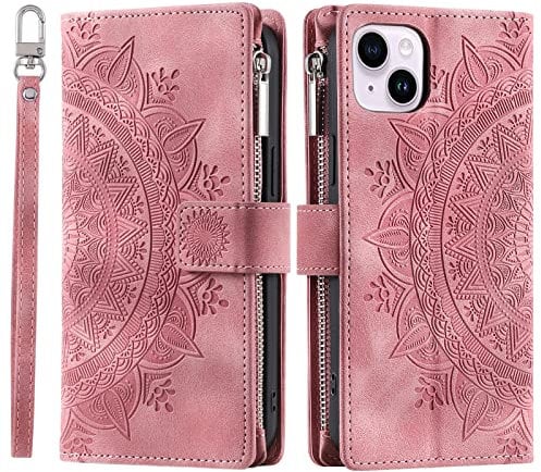 VEEMOS Custodia a Portafoglio per iPhone 13 con Motivo Floreale Scomparti per Carte di Credito Custodia in Pelle - Rosa