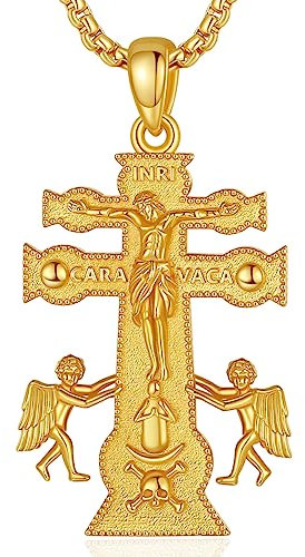 EUDORA Harmony Ball 18K Gold Caravaca Kreuz Kette für Damen Herren Sterling Silber 925, Amulett Caravaca Kreuz Halskette Anhänger für Gläubiger Christ Schmuck Geschenk für Frauen Herren, 22+2 Zoll