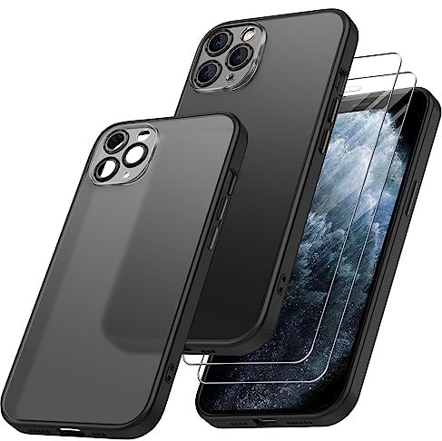 Qasyfanc Matt Handyhülle Kompatibel mit iPhone 11 Pro Hülle mit Kameraschutz und 2 Stück Schutzfolie, Hard PC Nie Vergilbung Case Militärschutz Kratzfest rutschfest Schutzhülle, Leicht Klar Schwarz