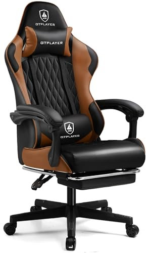 GTPLAYER Gaming Stuhl, Gamer Stuhl, Ergonomischer Bürostuhl mit mit Fußstütze verstellbare Lenden und Kopfkissen, Gaming Chair Gepolstert, Gaming Sessel 150 kg, braun