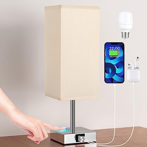 Aooshine Bedside Lamp, Touch Control Table Lamp with USB A+C Charging Ports, Touch Lamps Bedside with 3 Way Dimmable, Table Lamps for Bedroom Living Room with Yellow Fabric Shade (LED Bulb Included)