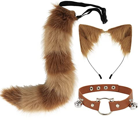 DRESHOW Fuchs Kunstpelz Schwanz Katzenohren Stirnband Halloween Party Kostüm Halsband Cosplay Set für Damen