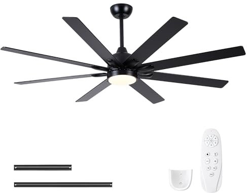 Sevenine Ventilador de techo con luces y control remoto de 62 pulgadas, ventiladores de techo grandes, color negro, silencioso, reversible, silencioso y sin ruido, 8 aspas de madera, ventiladores de