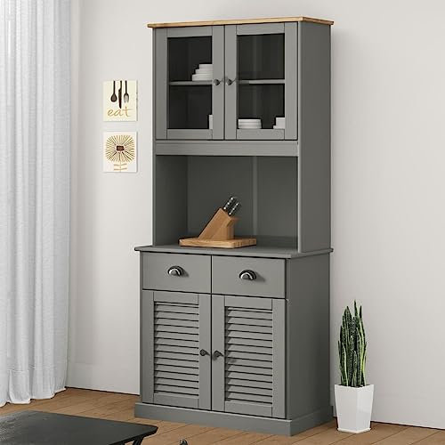 KOIECETA Highboard VIGO Küchenschrank Vitrinenschrank Geschirrschrank Massivholz Kiefer Anrichte Esszimmerschrank Vitrine Landhausstil Rustikal Kommode (Grau, Mit 2 Türen)