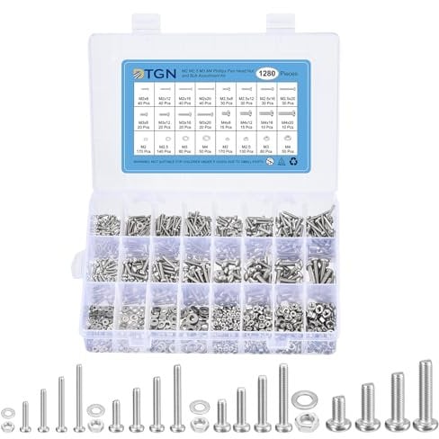 DTGN 1280Pcs Machine Screws Assortment Kit, M2 M2.5 M3 M4 Phillips Pan Head Nut and Bolt Assortment Kit, 304 Stainless Steel, Metric Bolt Assortment With Washers