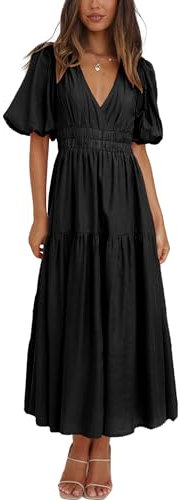 Woolicity Womens Summer Maxi Dress Wrap V Neck Short Sleeve Beach Flowy Long Dresses Black M