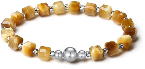 MetJakt Handgemachtes Stretch Armband mit 6MM Echtes Naturstein Würfel Design und 18k Vergoldete Kugel Edelstein Perlenarmband für Damen und Herren (Goldenes Tigerauge -Silber)