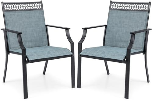 COSTWAY Lot de 2 Chaises de Jardin avec Cadre en Métal, Chaises à Dossier Haut en Teslin à Séchage Rapide, Fauteuil d'Extérieur pour Toutes Saisons, Charge 150 KG, pour Cour, Balcon, Piscine (Bleu)