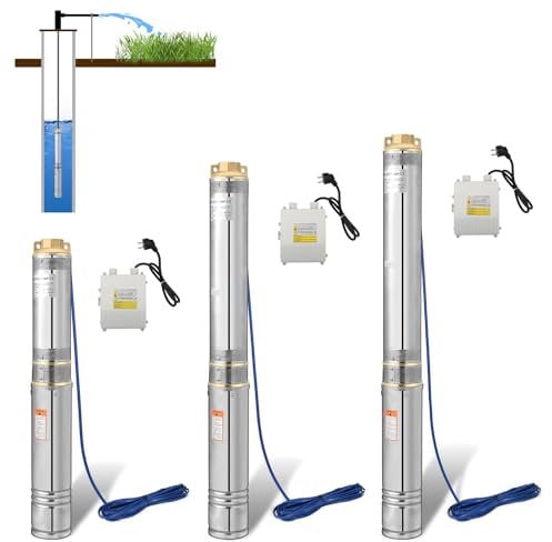 Jiubiaz Tiefbrunnenpumpe, 750W Tauchdruckpumpe aus Edelstahl mit 20 m Verbindungskabel, 4000l/h Brunnenpumpe 875mm sandverträglich, Unterwasserpumpe Druck 6,7bar, Lieferhöhe Max.67m