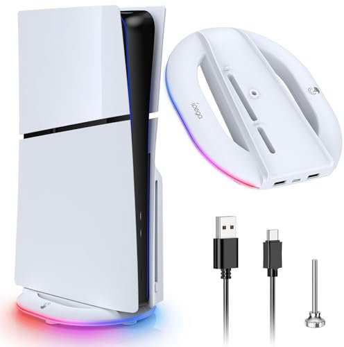 Vertikaler RGB-Ständer für PS5 Slim Disc & digitale neue Konsole, verbesserter vertikaler LED-Ständer für PS5 Slim Zubehör mit Anti-Rutsch-Pad, Basisständer für PS5 Slim mit Schraube und USB-Kabel, 2