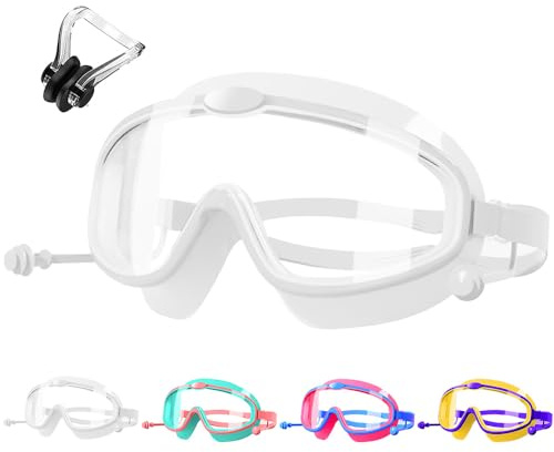 HINATAA Lunettes de natation pour enfants avec bouchons d'oreille,Lunettes de plongée avec clip pour le nez,Anti Brouillard Lunettes Piscine Enfant garçons et fille 3-8 ans (Blanc)