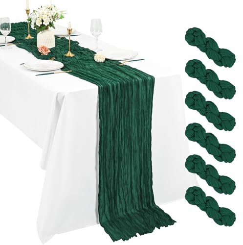 6 Stück Dunkelgrün Seihtuch Tischläufer 3 m Boho Gaze Tischläufer 55 x 300 cm rustikal romantisch Langer Tischläufer für Hochzeit Party Brautparty Erntedankfest Weihnachtsdekoration