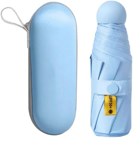 Kiuiom Paraguas de Sol Y Lluvia,Paraguas Compacto,Paraguas de Viaje Plegable 6 Costillas Mini Paraguas con Estuche de Cápsula,Protección UV Impermeable,Paraguas de Bolsillo Portátil (Azul)