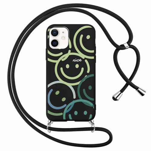 Xylota Handykette Handyhülle für iPhone 12 Mini 5,4 Hülle mit Band, Niedliches Muster Smiley Case mit Kordel zum Umhängen, Weich TPU Dünn Silikon Stoßfest Schutzhülle Cover für iPhone 12 Mini,Schwarz