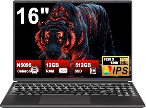 NOTODD Laptop 16 Laptop 12GB LPDDR4 512GB SSD Celeron N5095 up to 2.9Ghz 4-Core Win 11 PC 1920 * 1200 2K Support 2.5 HDD 1TB SSD Expandable with Cooling Fan Numeric Keypad - Black