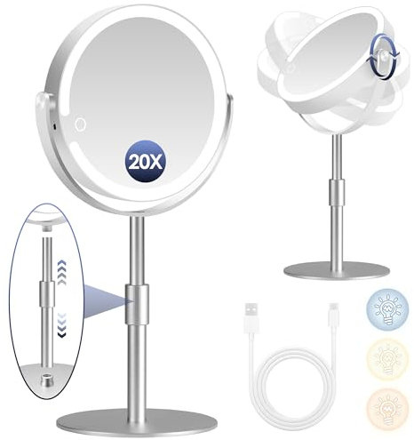 B Beauty Planet Magnifying Mirror with Light, Double Sided 1X/20X Makeup Mirror for Bathroom, Adjustable Height and 3 Color Light, Detachable for travel, Suitable for Vanity or Makeup (Silvery)
