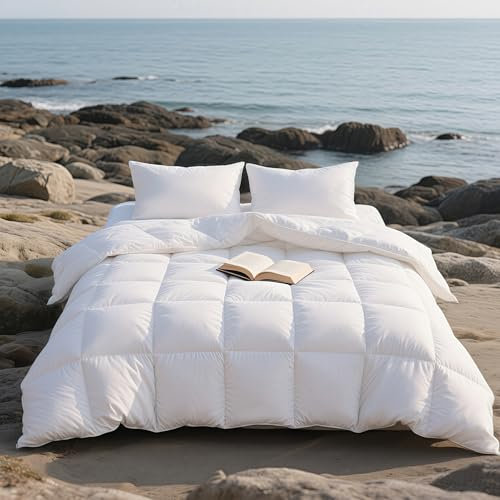 APSMILE Daunendecke 200x200 Sommer 100% Flauschige Federn & Daunen, Bettdecke 200x200 Dünn Bio-Baumwolle, Allergiker with Ökotex, RDS für Tierwohl, Extra Leichte Sommerdecke Federbett, Weiß
