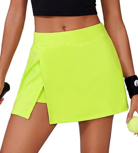 PINSPARK Tennisrock Damen mit Hose Sportrock Golfrock Hohe Taille Tennis Skort mit 2 Taschen und Seitlichem Schlitz Sommerrock Minirock Laufröcke Hosenrock Wandern Laufen Neon Gelb XL