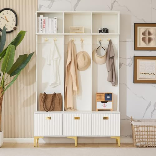 KOMHTOM Vestiaire d'entrée avec Banc Rangement Chaussures Meuble Entree, Porte Manteau avec Crochets Meuble de Rangement avec 3 Compartiments de Rangement Ouverts (Blanc)