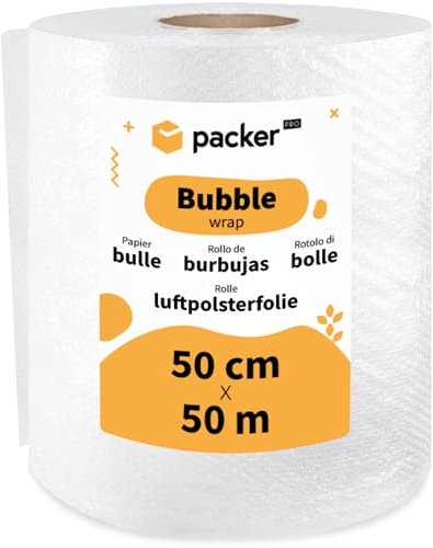 packer PRO Rouleau à bulles Emballage en plastique, 50 cm de large et 50 m de long, transparent