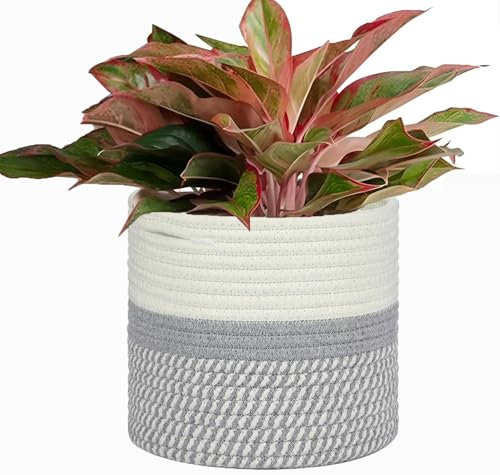 Accmuzzy 30cm Plant Pots Indoor,Cotton Rope Woven Basket House Planter Indoor Plant Pot Floor Standing Large Flower Pots Indoor,Foldable Laundry Storage Basket Home Decoration (White&Mixed Grey)