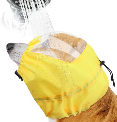 1Pcs Waterproof Dog Ear Covers for Shower, Adjustable Dog Shower Cap, Dogs Ear Protectors Bath Caps, Dogs Showers Cap for Ears in Bathing, Grooming, Swimming (Yellow)