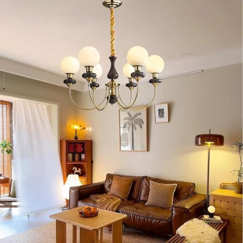 VTAMng Kronleuchter Moderner weißer Glaskugel Sputnik Goldmetall Lampenkörper Pendelleuchte Mid Century Höhenverstellbare antike nordische Innenbeleuchtung Kücheninsel für Wohnzimmer Schlafzimmer(D85c