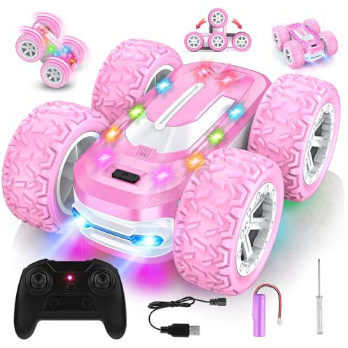 Voiture Télécommandée Fille, Jouet Enfant 6 7 8 9 10 Ans 4x4 Voiture de Course Cascadeuse Tout Terrain 360° Rotation avec Lumière LED RC Drift Camion Monster Truck Cadeaux Filles Jeux Exterieur Jardin