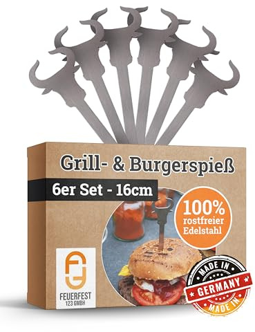 Feuerfest 123 Burger-Spieße mit Stier-Motiv I 6 Stück I 16 cm I Hochwertige Grillspieße aus rostfreiem Edelstahl I Stilvolle Metallspieße für Burger, Sandwiches, Gemüse & Fingerfood